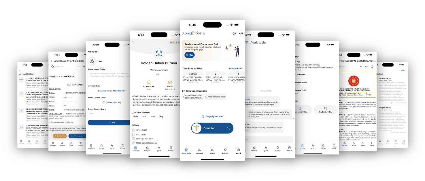 Adaletopia uygulamasının ekran görüntüleri: Yapay zeka destekli hukuk asistanının ana ekranı, mevzuat ve içtihat arama, dilekçe yazdırma ve hukuk sözlüğü özelliklerini gösteriyor.