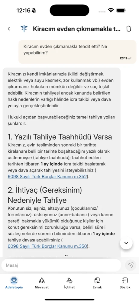 Adaletopia yapay zekâ asistanı sohbet ekranı