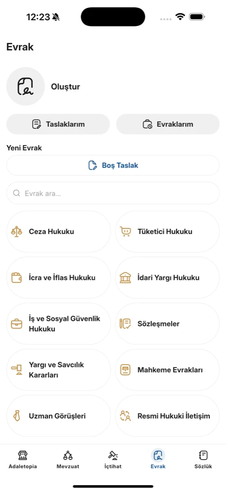 Adaletopia'da belge filtreleme ve arama ekranı
