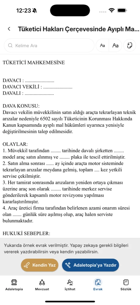 Adaletopia'da dilekçe ve sözleşme editörü ekranı