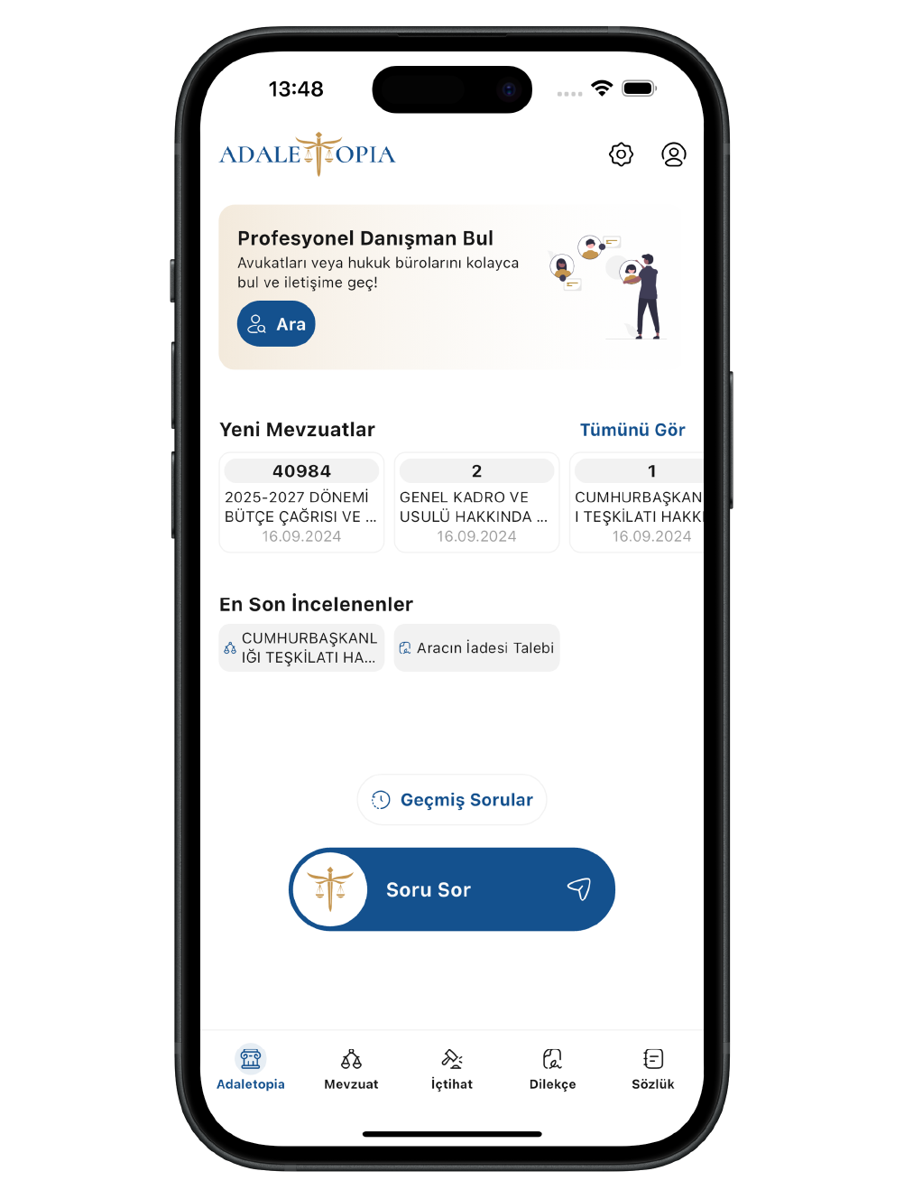 Yapay zeka destekli hukuk uygulamasının özellikler ekranı.