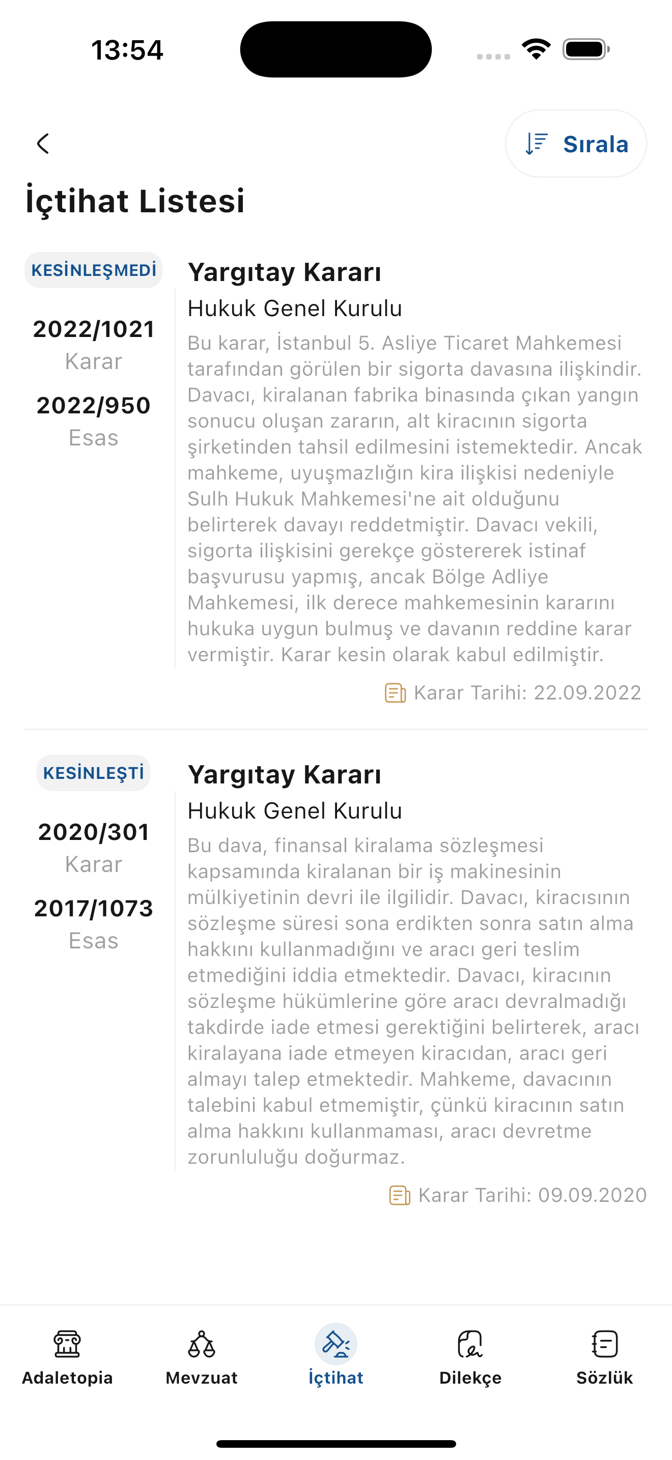 Yapay zeka destekli hukuk uygulamasının ekran görüntüsü.