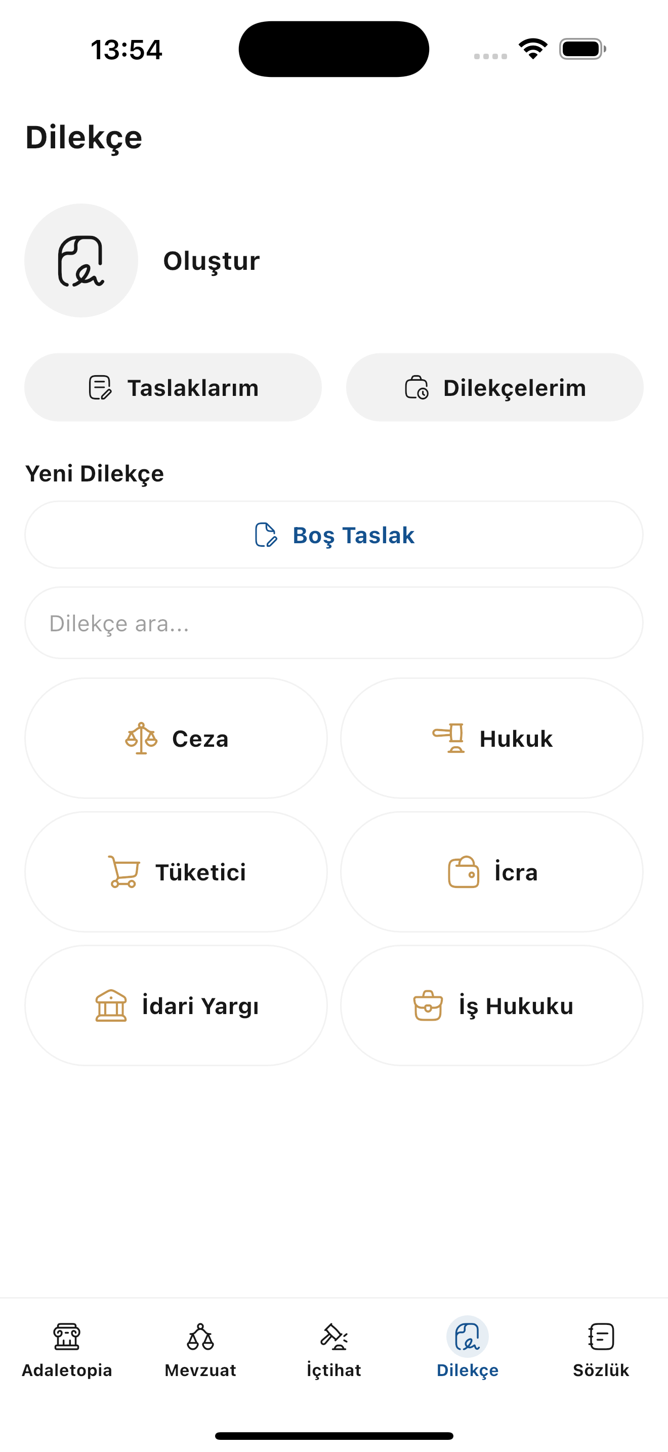 Yapay zeka destekli hukuk uygulamasının ekran görüntüsü.