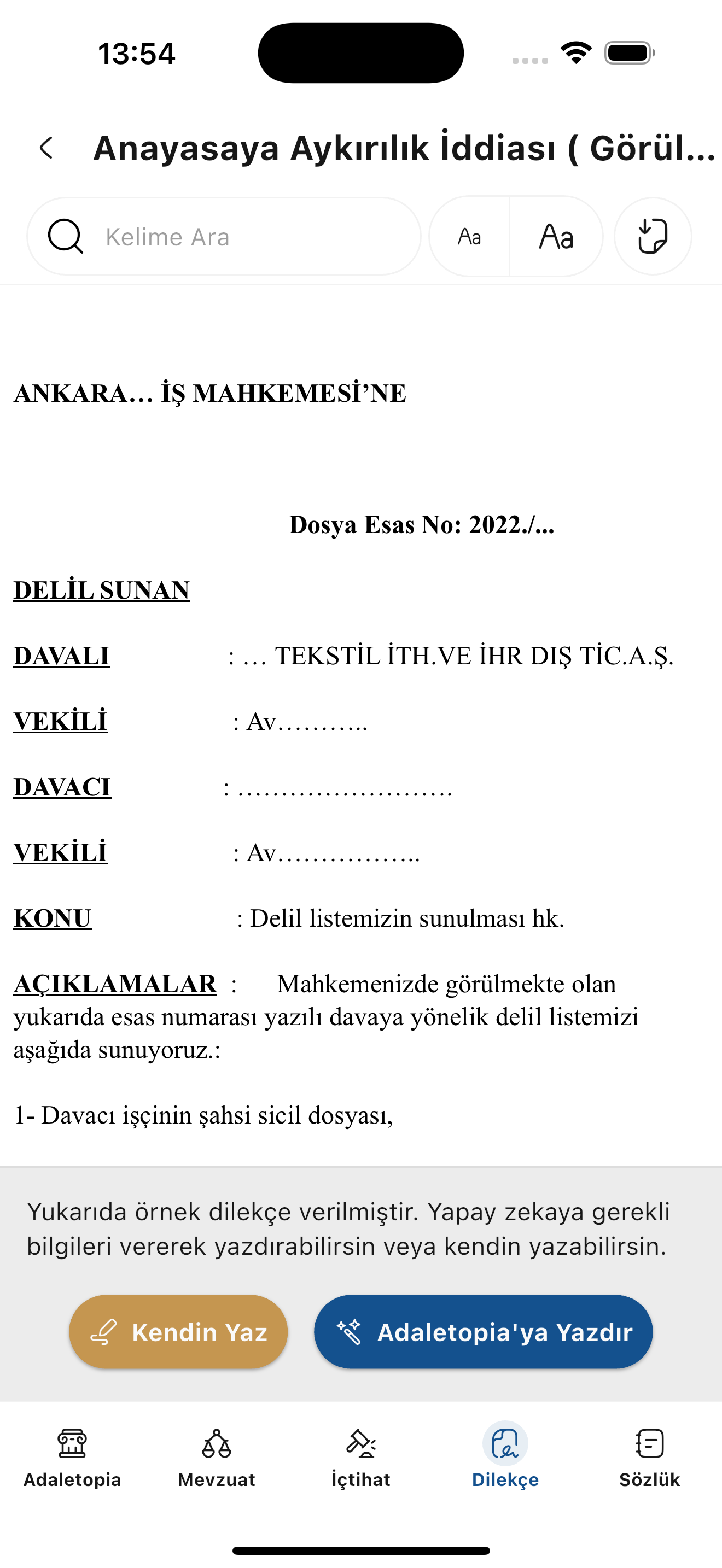 Yapay zeka destekli hukuk uygulamasının ekran görüntüsü.