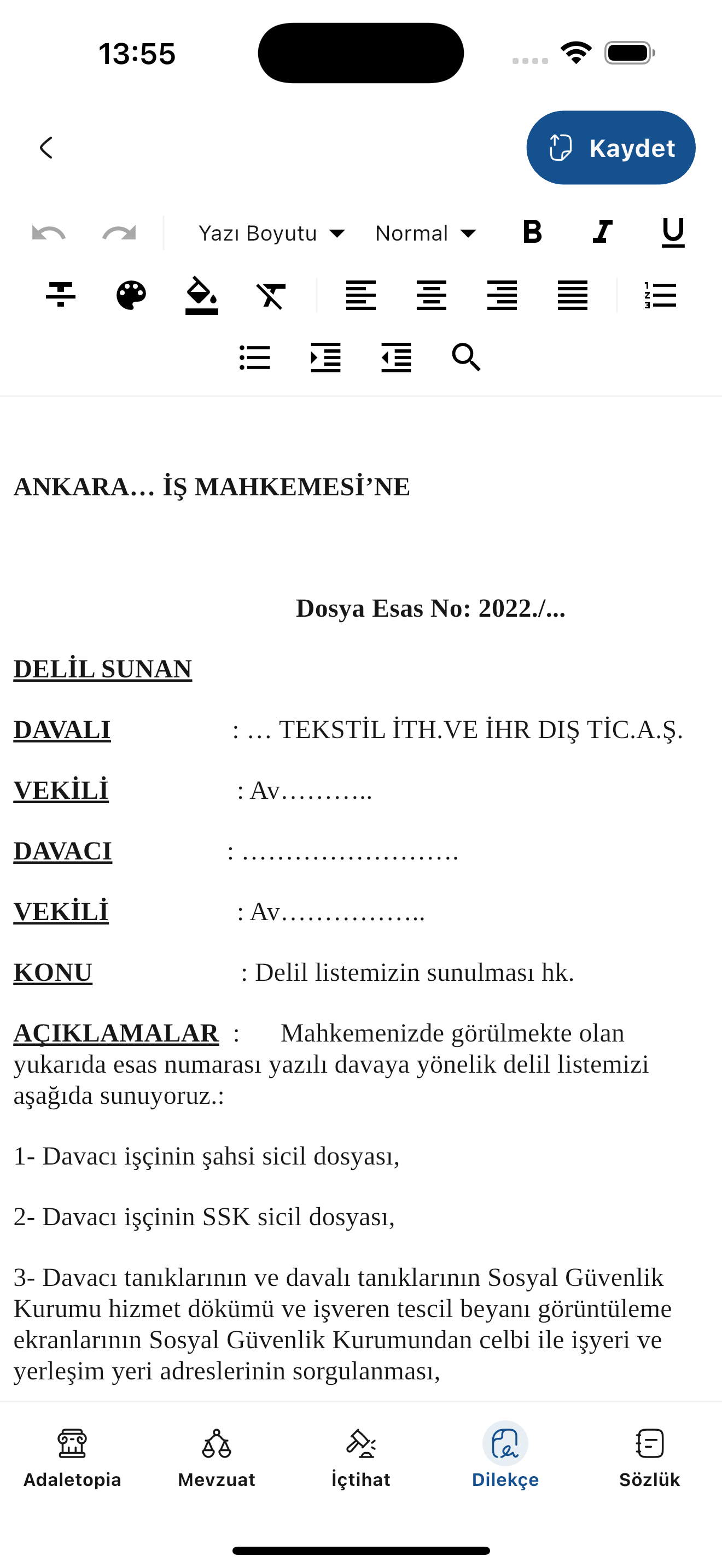 Yapay zeka destekli hukuk uygulamasının ekran görüntüsü.