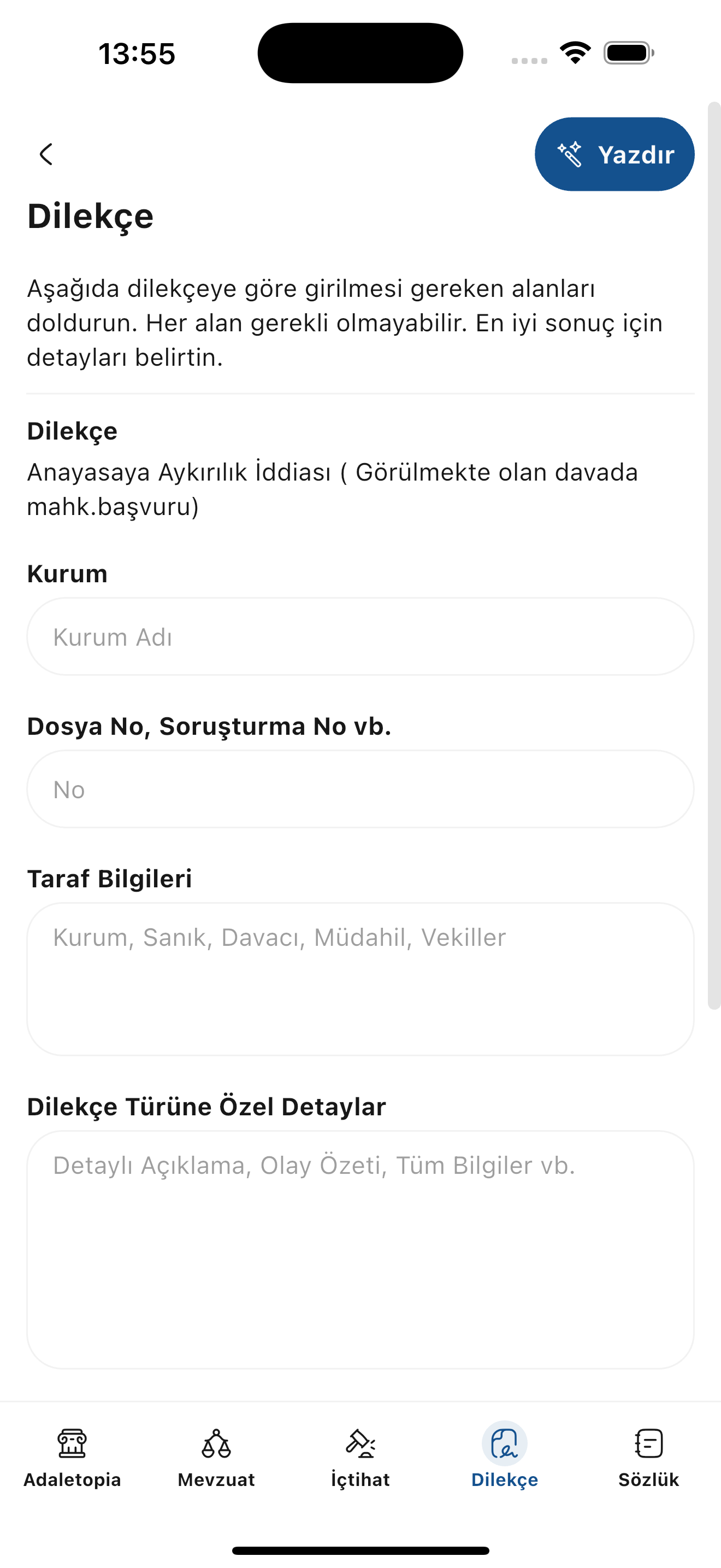 Yapay zeka destekli hukuk uygulamasının ekran görüntüsü.