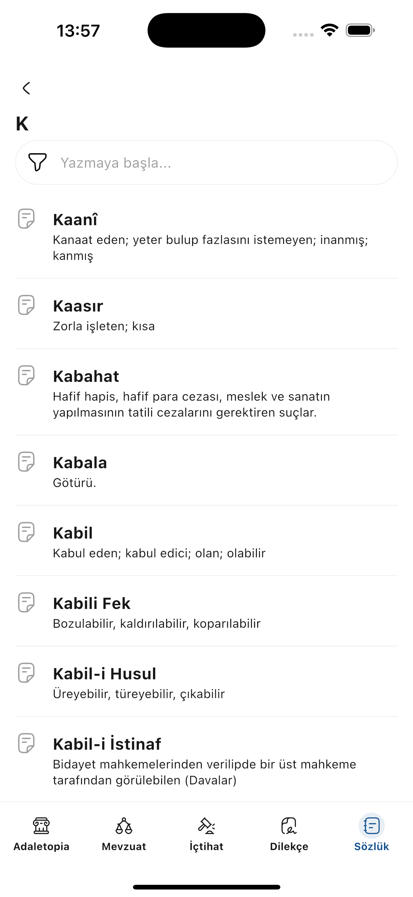 Yapay zeka destekli hukuk uygulamasının ekran görüntüsü.