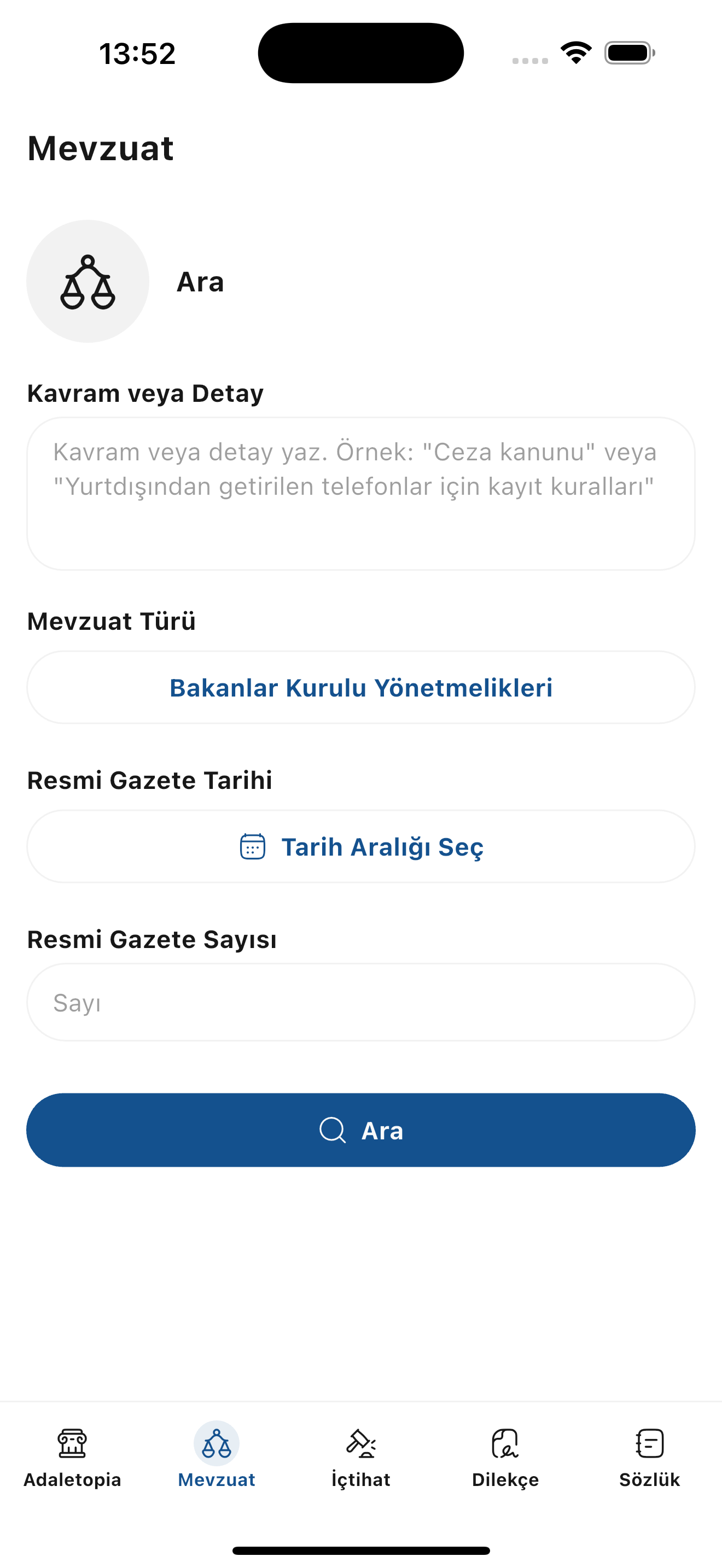 Yapay zeka destekli hukuk uygulamasının ekran görüntüsü.