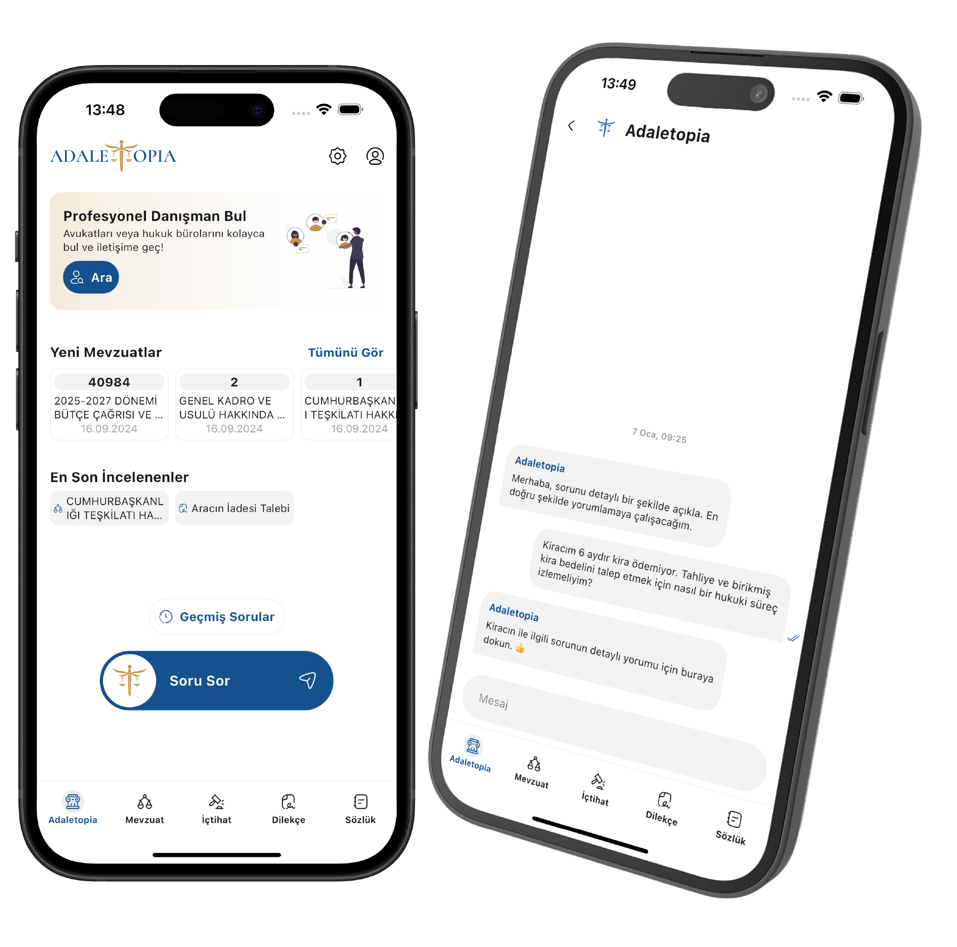 Yapay zeka destekli hukuk, avukat uygulamasının ekran görüntüleri.